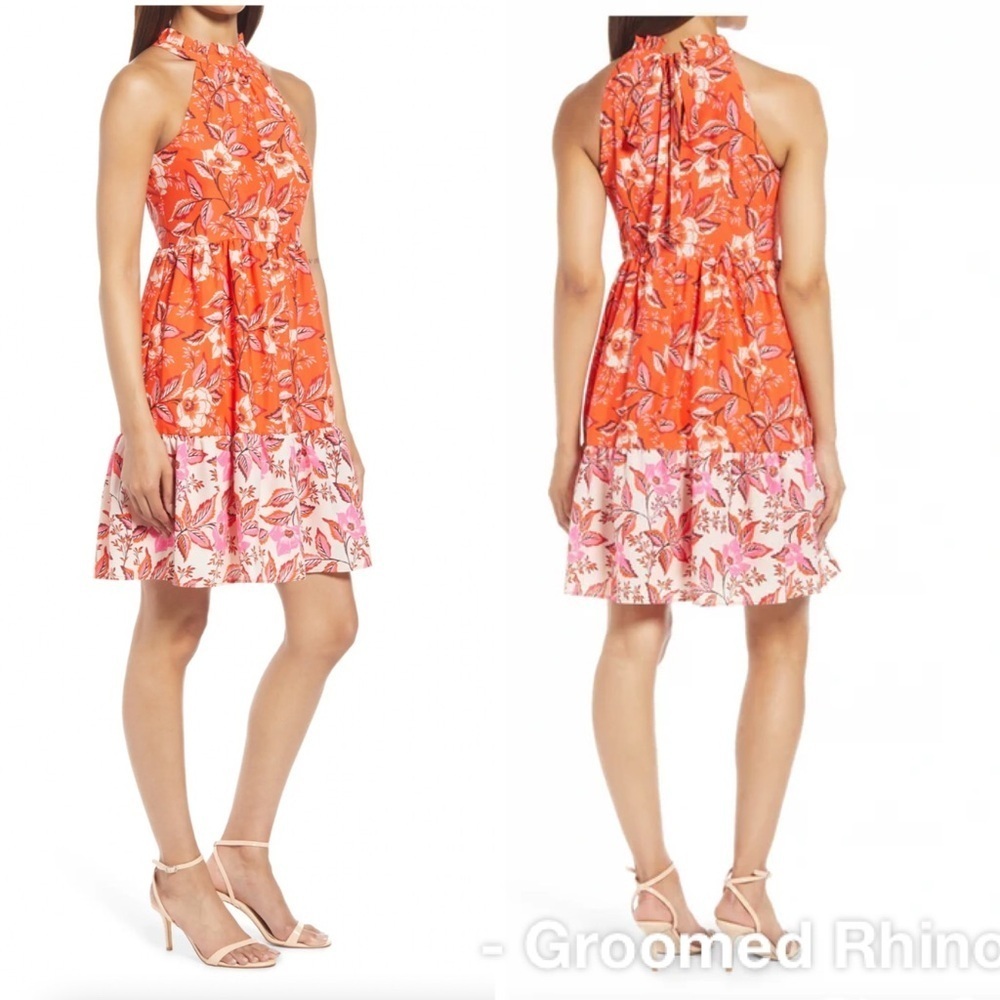 Eliza J Orange Floral High Neck Fit & Flare Dress Size 10